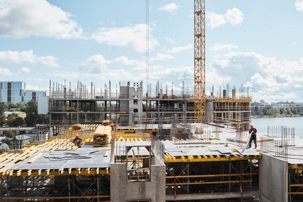 Commercial construction project featuring structural steel installation