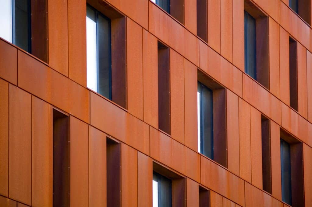 Architectural corten steel building facade with weathered finish
